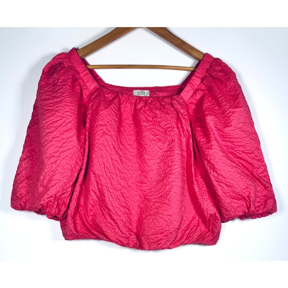 AYR The Midsummer Top Medium Watermelon Pink Crinkle Cotton Puff Sleeve Blouse